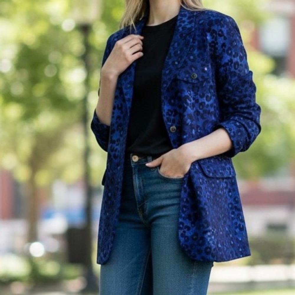 Vintage Kasper ASL Blue Leopard Print Blazer Animal Print Jacket Size 8